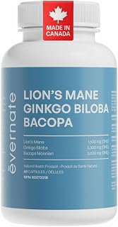 ALL-IN-ONE Lion's Mane 1,600 mg with Ginkgo Biloba 5,500 mg & Bacopa Monnieri 3,600 mg (Per Serving: 2 Capsules) – 3-in-1 Memory, Focus & Cognitive Support – 60 Vegan Capsules – Made in Canada