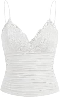 Naileksi Women Y2k Lace Trim Cami Top Spaghetti Strap Fairy Grunge Tank Top V Neck Ruched Bow Lace Patchwork Cami Shirt