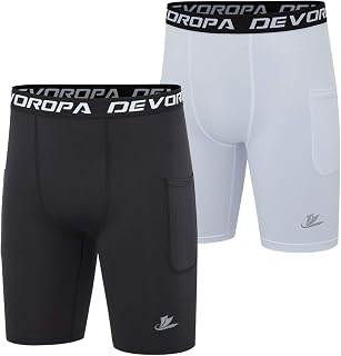 DEVOROPA Youth Boys' Compression Shorts Performance Athletic Base Layers Workout Training Underwear Side Pocket (Pack of 2)