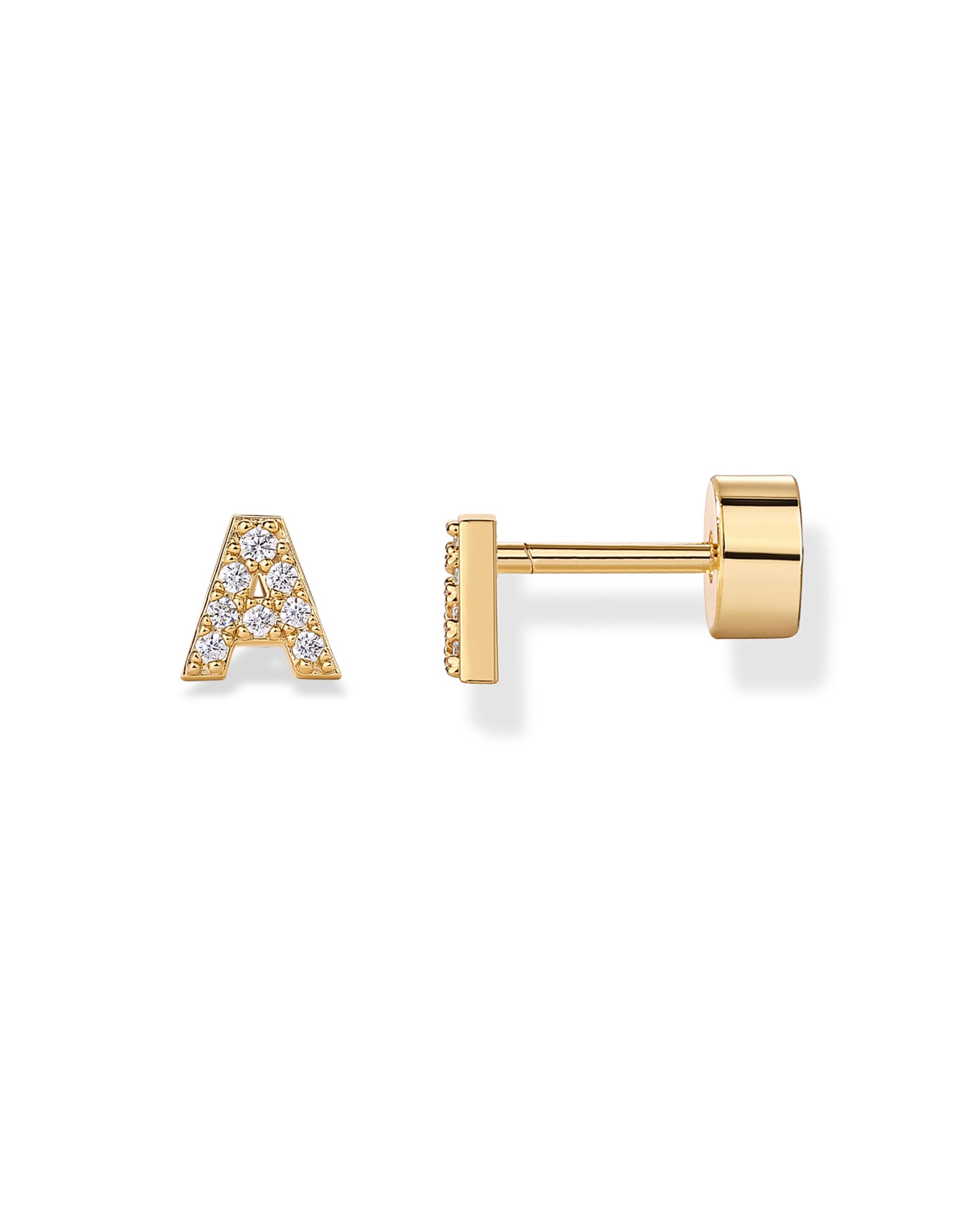 PAVOI 14K Gold Plated Initial Flat Back Earrings for Women, CZ Letter Studs