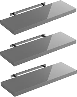 Set of 3 Grey Floating Shelves for Wall | 30cm High Gloss Modern Wall Shelves | For Bedroom Living Room Bathroom Kitchen Office | Floating Shelf Unit Ideal for Display & Storage