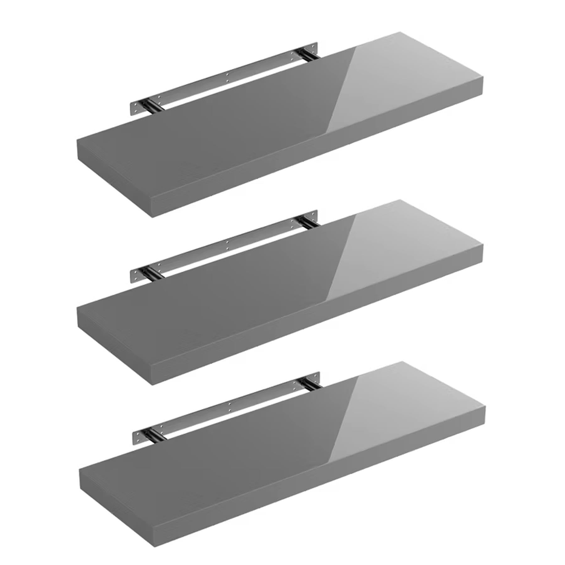 Set of 3 Grey Floating Shelves for Wall | 30cm High Gloss Modern Wall Shelves | 