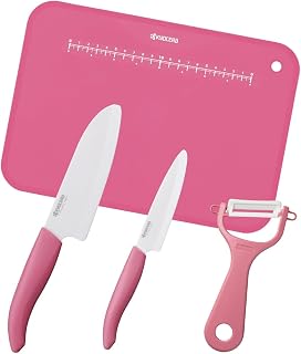 Kyocera Ceramic Knife Peeler Cutting Board 4-Piece Set, Lightweight, Sharp, Clean Cuts, Santoku Small 5.5 inches (14 cm), Petty 4.3 inches (11 cm), Long-lasting Sharpness Due to Hardness, Bio-Resin