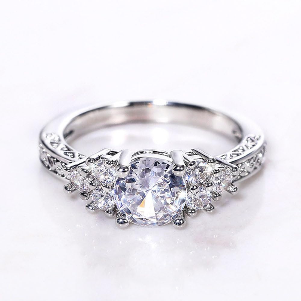 White Gold Plated Luxury Shiny Round Cubic Zirconia Engagement Ring Wedding Brid