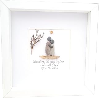 Wedding Anniversary Personalised Gift Couple Framed Pebble Art Pearl Golden Ruby Silver 23 x 23 cm