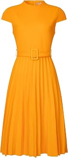 Hobemty Women's Pleated Dress Mock Neck Cap Sleeve Belted A-Line Dresses