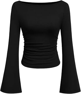 Women's Long Sleeve Shirts 2025 Fall Crop Work Tops Casual Boat Neck Bell Sleeve Ribbed Ruched Top