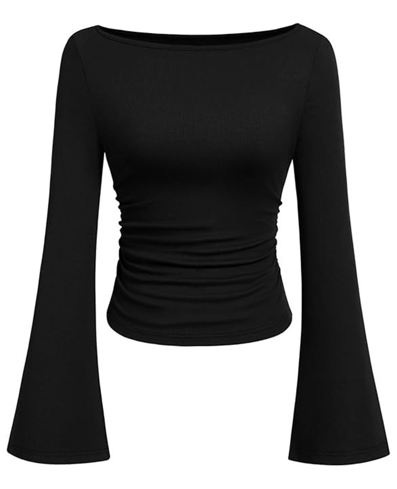 Women's Long Sleeve Shirts 2025 Fall Crop Work Tops Casual Boat Neck Bell Sleeve