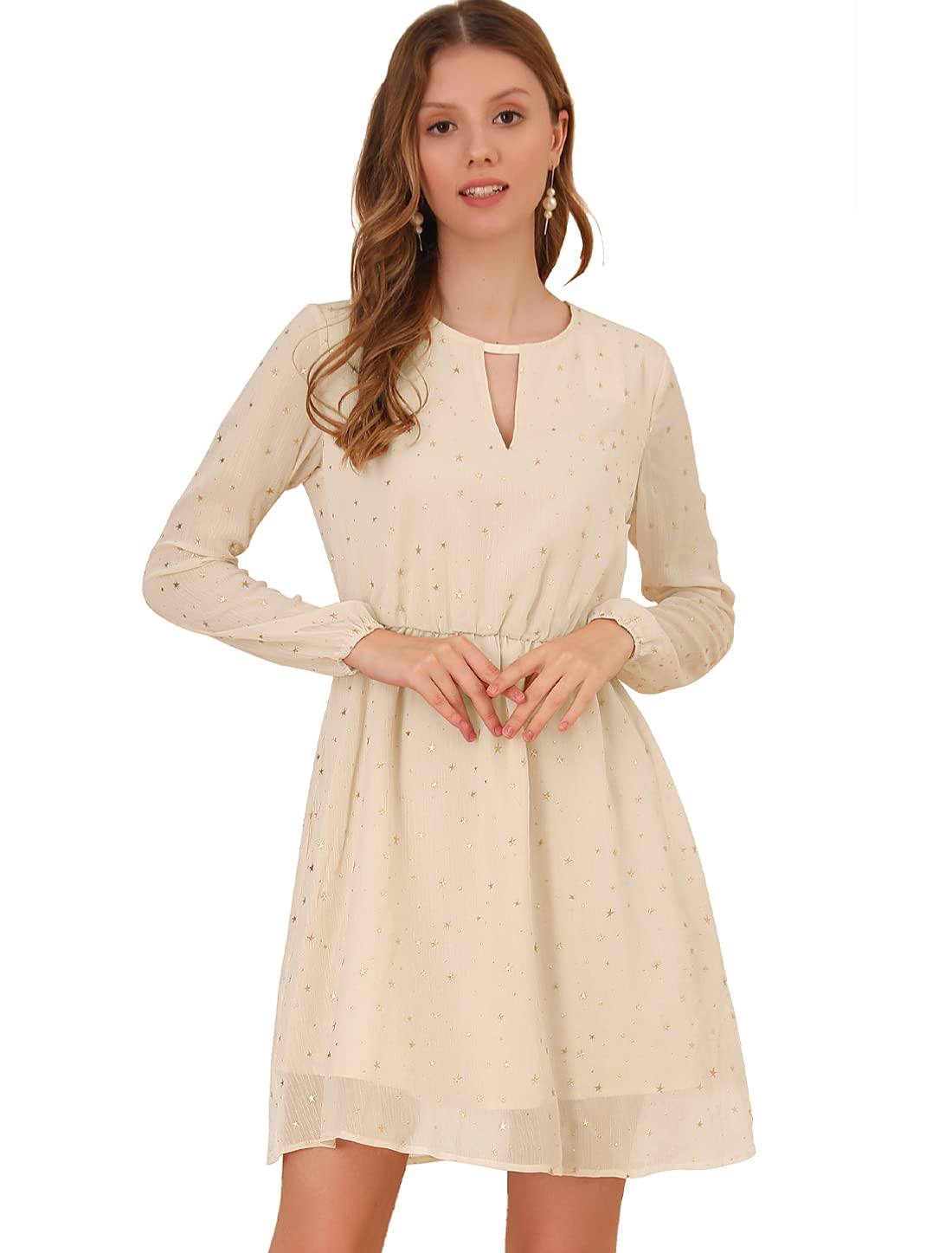 Allegra K Women Metallic Star Choker V Neck Party Flared A-Line Dress