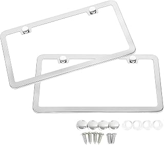 SunplusTrade 2 Stainless Steel Polish Mirror License Plate Frame + Chrome Screw Caps (Silver)