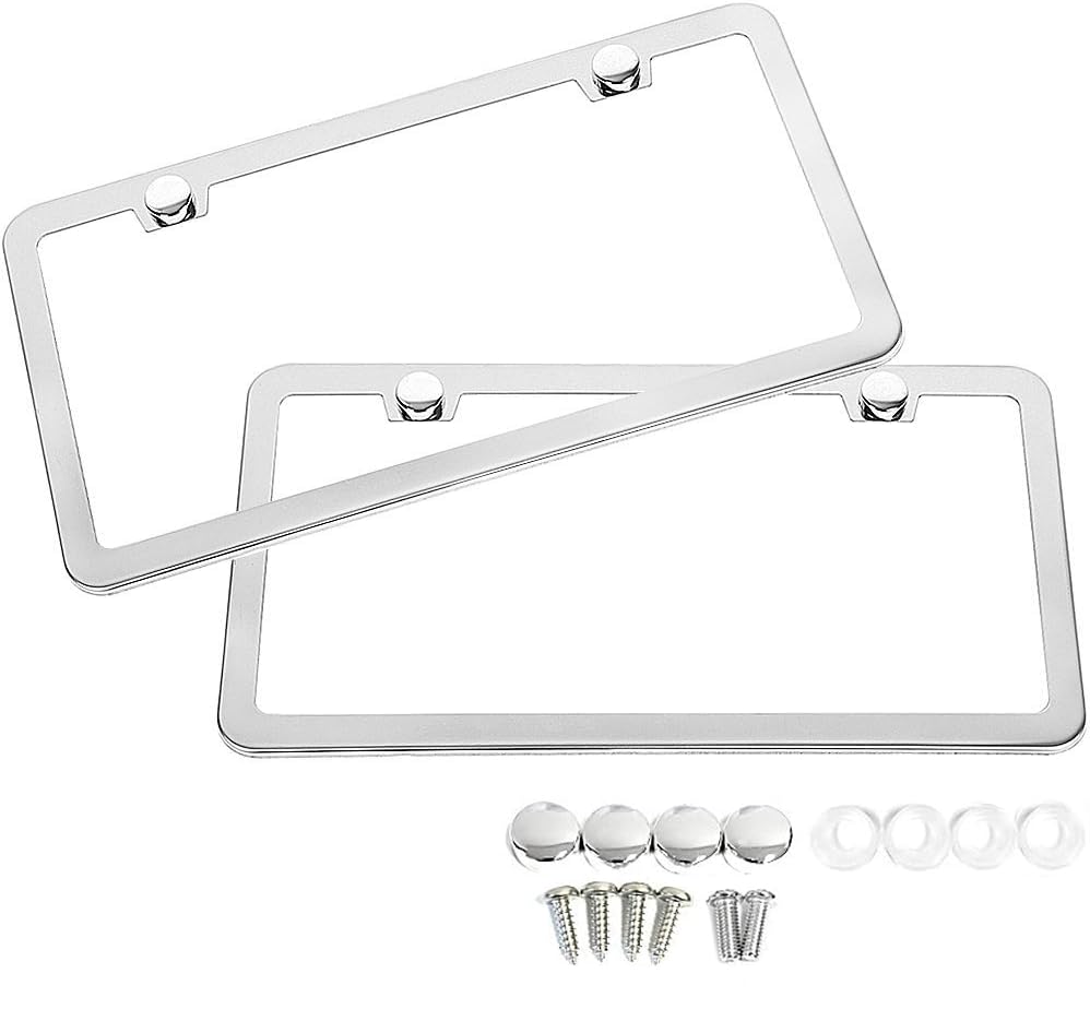 SunplusTrade 2 Stainless Steel Polish Mirror License Plate Frame + Chrome Screw 