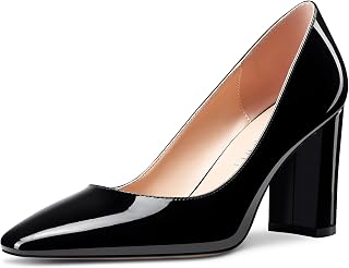 NobleOnly Women's High Chunky Wide Heel Square Closed Toe Slip-on Pumps Classic Cute Dress Shoes