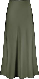 Outoshe Women's Satin High Waisted Maxi Skirts Hidden Elasticized Waistband A Line Long Skirt