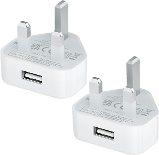 USB Plug UK,USB Charger Plugs Adaptor UK 5W Phone Plugs with USB Port Compact Mains Charge Head with Smart IC 5V 1AMP Charging Compatible with iPhone 13 12 11 SE XS XR X 8 7 6 5,iPad,Watch,2Pack