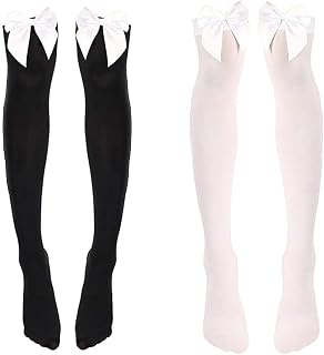 2 Pairs Thigh High Socks with Bows, Knee High Bowknot Stockings, Black and White Bow Stockings, Bow Stockings for Daily Halloween Valentine's Day Gifts, 1, One size