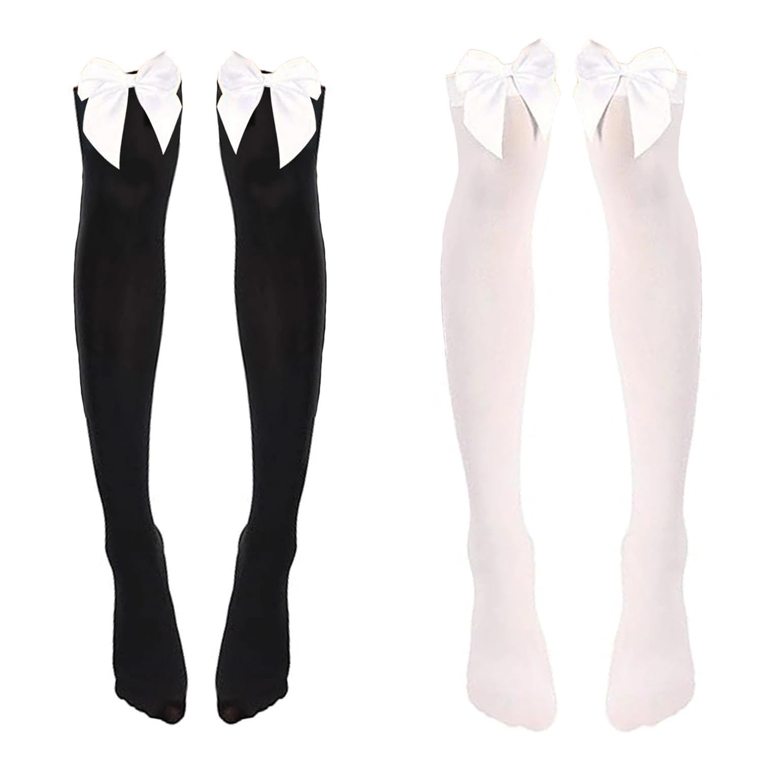 2 Pairs Thigh High Socks with Bows, Knee High Bowknot Stockings, Black and White