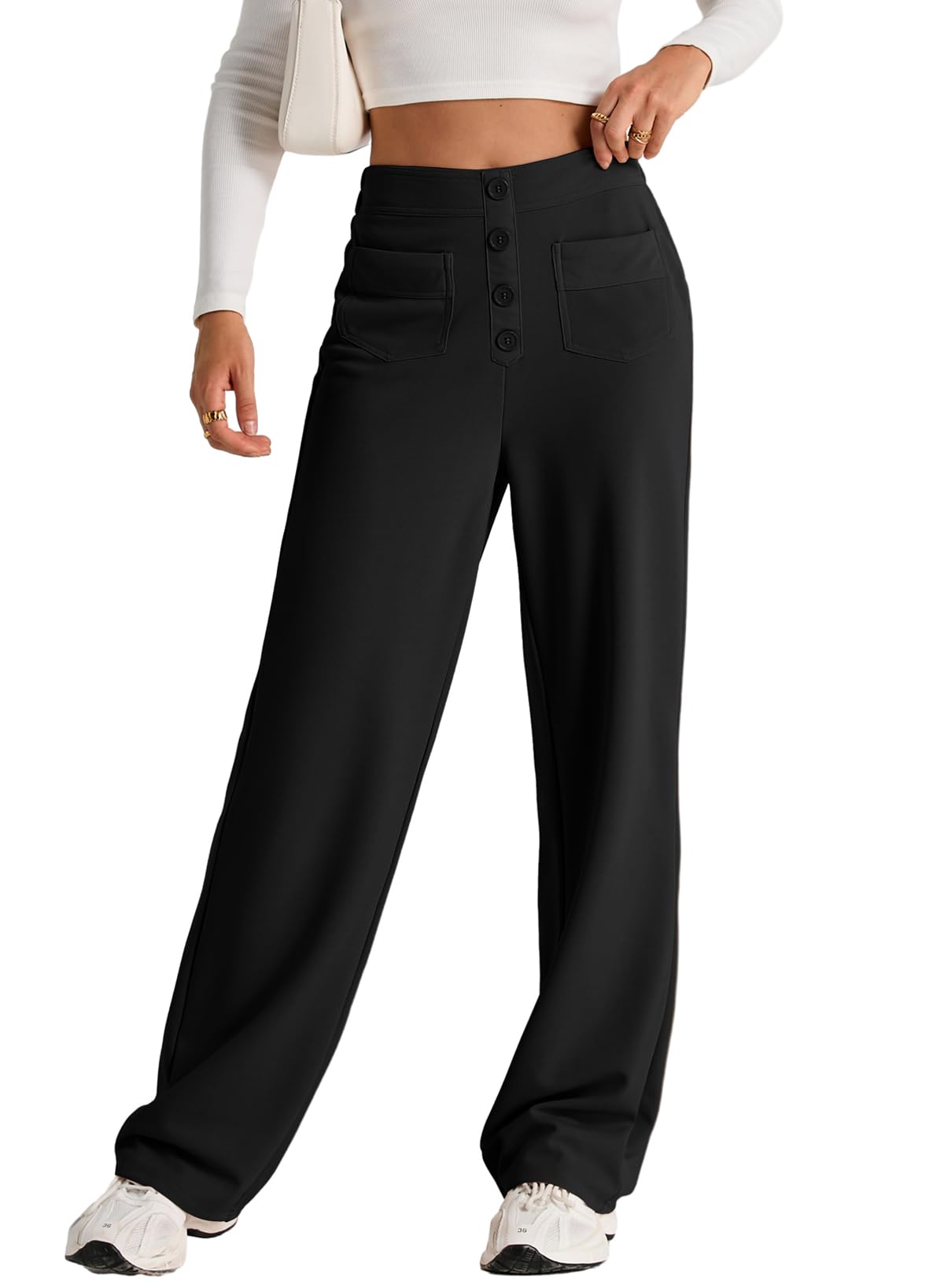 EVALESS Womens High Waist Button Stretchy Work Pants Straight Leg Office Dress P