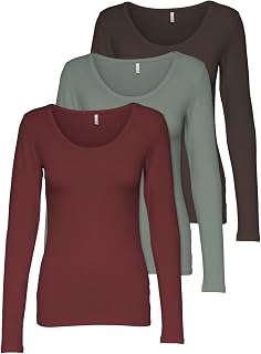 ONLY 3er Pack Damen Langarmshirt schwarz und weiß Langarm Basic Longsleeve Sommer aus 95% Baumwolle XS S M L XL 15209156