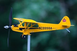 Piper J3 Cub Airplane Weathervane, 3D Metal Wind Sculpture for Yard Decor | Unique Outdoor Kinetic Sculpture with Rotating Windmill Design, Perfect Garden Decoration Gift for Flight Lovers