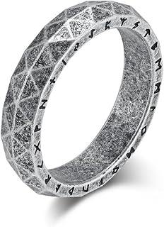 Rockyu Men's Ring, Stainless Steel, Vintage Ring, Silver, Unique Diamond Cut, Geometric Pattern, Scandinavian Letters, Carved Design, Minimalist Style, Simple Coordination, Christmas, Valentine's Day