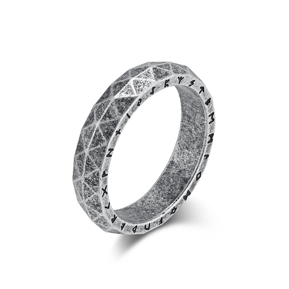 Rockyu Men's Ring, Stainless Steel, Vintage Ring, Silver, Unique Diamond Cut, Ge