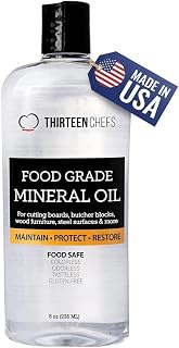 Thirteen Chefs Mineral Oil - 8 oz Food Grade Conditioner for Wood Cutting Board, Countertop & Butcher Block, Lubricant for Knife or Meat Grinder - Safe USP Finish on Marble, Soapstone