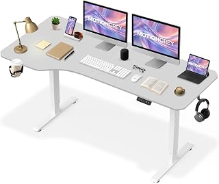 MotionGrey - Electric Motor Height Adjustable Standing Desk, Ergonomic Stand Up Desk, Adjustable Computer Sit Stand Desk Stand - Single Motor with Table Top (White, 63 * 24 Inch Left)