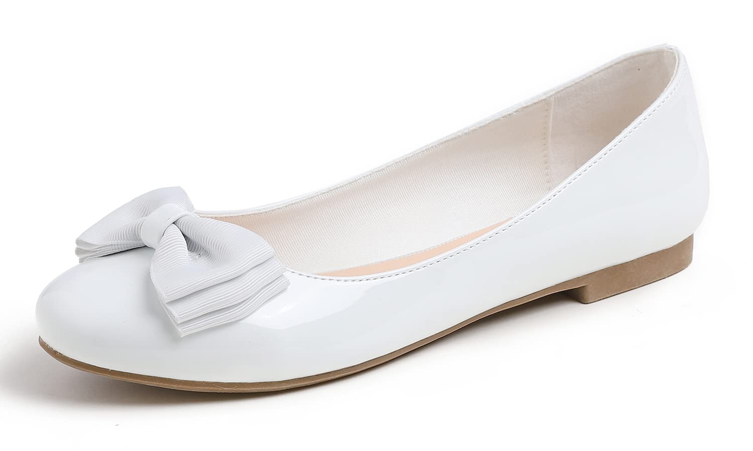 Feversole Women's Patent Round Toe Cute Bow Trim Ballet Flats, Ballerine Punta T