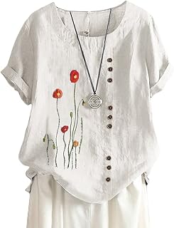 ORANDESIGNE Linen Shirt Short Sleeve Women Casual Vintage Tops Blouse T-Shirts Short Sleeve Crew Neck Tunic Tops Shirt Loose Plus Size T Shirt