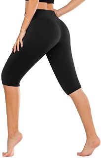 DHSO Women High Waist Leggings Knee Length Capri Tummy Control Soft Yoga Pants Athletic Workout