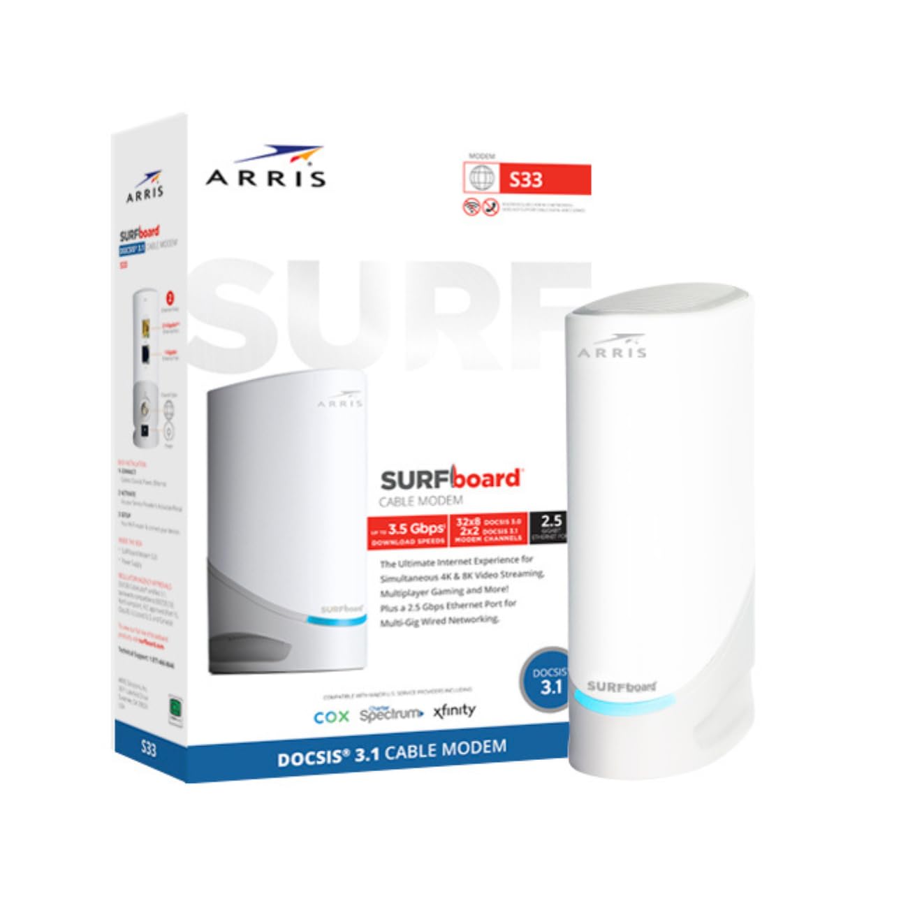 ARRIS Surfboard S33 DOCSIS 3.1 Multi-Gig Cable Modem | Up to 2.5 Gbps | One 2.5 