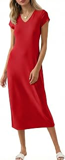 Wenrine Womens Short Sleeve T-Shirt Dress V Neck Summer Casual Midi Dresses