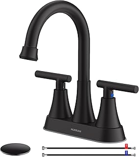 Matte Black Bathroom Faucet, Hurran 4 inch Centerset 2-Handle Lead-Free | Bathroom Sink Faucet with Pop-up Drain and Supply Lines, Stainless Steel Faucet for Vanity RV Restroom Laundry Outdoor Sink