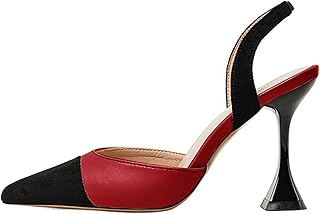 Coutgo Zapatos de fiesta para mujer, con puntera puntiaguda, sin cordones, tacones de aguja, patchwork, vestido de fiesta, Rojo/Negro, 38 EU