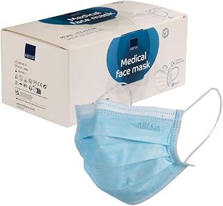 ABENA Type IIR Face Masks, Pack of 50, Blue, Disposable 3 Layer Mask | Medical Facemask, Ear Loops, Nose Clips, Latex Free, Allergy Certified, EN 14683, Beauty, Salon, Healthcare & Home Use