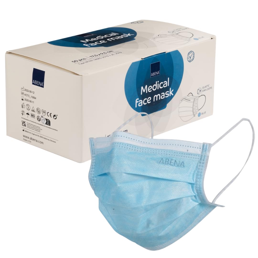 ABENA Type IIR Face Masks, Pack of 50, Blue, Disposable 3 Layer Mask | Medical F