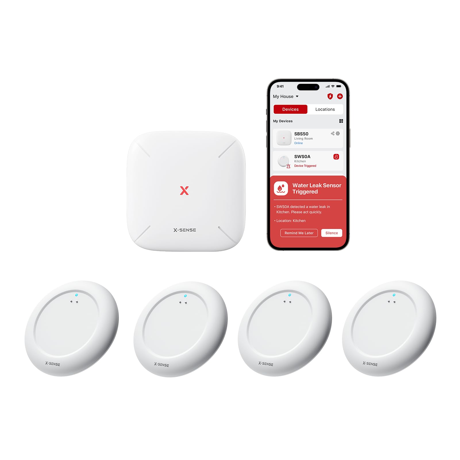 X-Sense Wi-Fi Water Leak Detector Kit, Ultra-Slim, 4 Sensors & Base Station | 0.