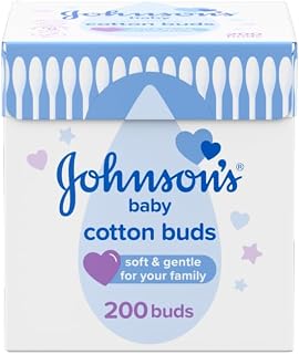 Johnson's Baby Cotton Buds (1 x Pack of 200) Soft & Gentle Ear Buds for Delicate Skin, Made of 100% Pure Cotton and Paper Sticks, Plastic-Free to Clean Around Eyes and Outer Areas