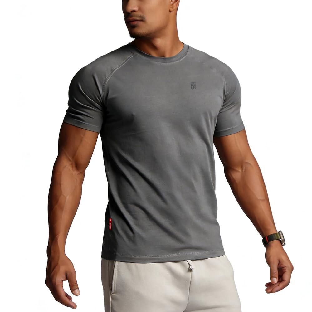 Men's Cotton Short Sleeve Raglan Crew Neck Gym Workout Athletic Tee