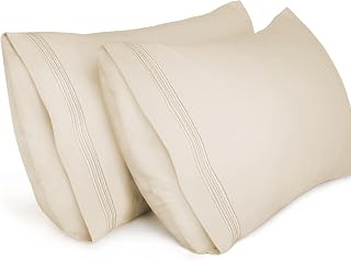 Lirex Pillow Cases (2 Pack), 1800 Thread Count Embroidered Queen Size Soft Brushed Microfiber Pillowcases, Machine Washable Wrinkle Free Breathable, Queen (50x75 cm)，Beige