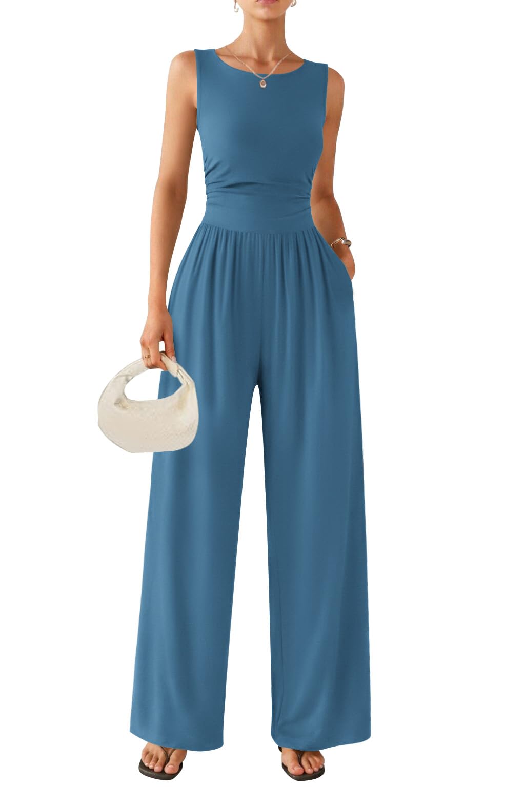 Ekouaer 2026 Womens One Piece Jumpsuits Wide Leg Sleeveless Round Neck Casual Ju