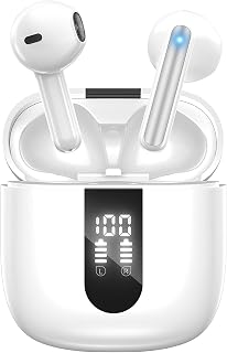 JBES Wireless Earbuds Bluetooth Earphones, 60H Deep Bass Ear Buds with 6 Noise Cancelling Microphone, IP5 Waterproof in Ear Headphones for iPhone Android Sports Gaming (Snow White)