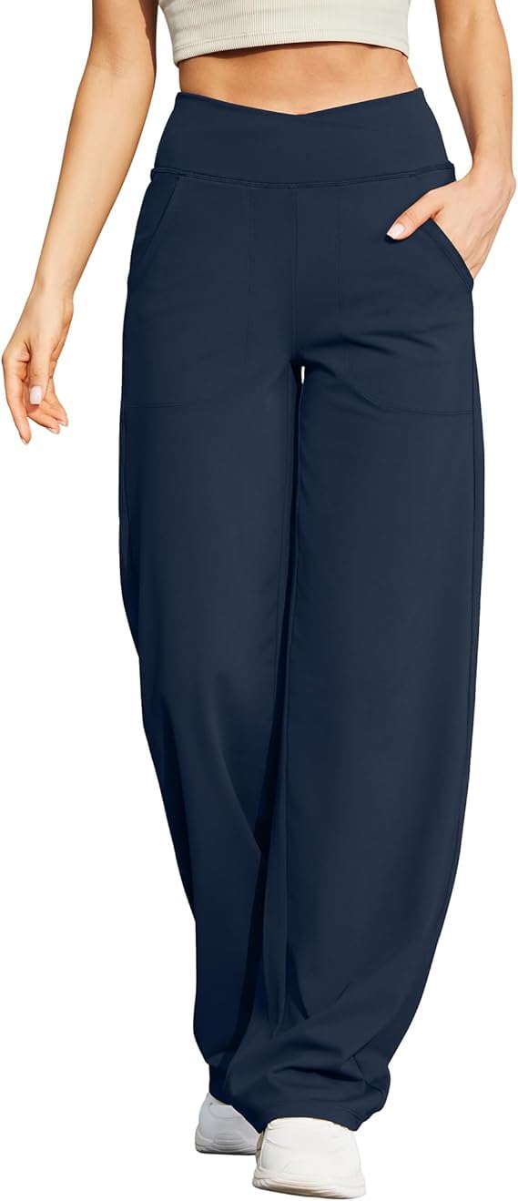 G4Free Yoga Pants for Women Wide Leg Trousers Crossover High Waist with Pockets 