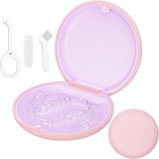 Retainer Case, Slim Aligner Cases for Invisalign, Mouthguard Case with Removal Tools& Aligners Chewies& Brush, Removable Inner Tray Silicone for Easy Cleaning (Pink)