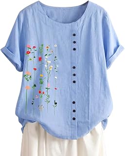 ORANDESIGNE Linen Shirt Short Sleeve Women Casual Vintage Tops Blouse T-Shirts Short Sleeve Crew Neck Tunic Tops Shirt Loose Plus Size T Shirt