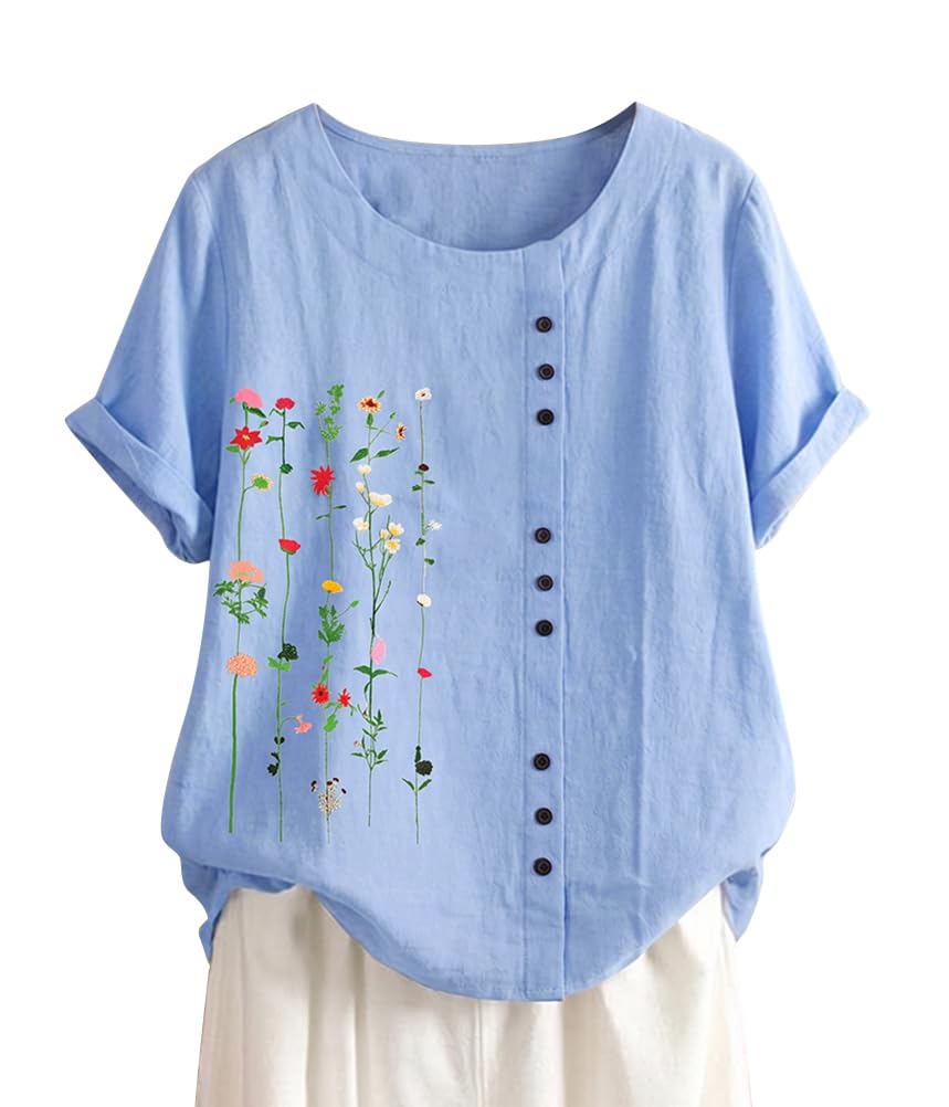 ORANDESIGNE Linen Shirt Short Sleeve Women Casual Vintage Tops Blouse T-Shirts S