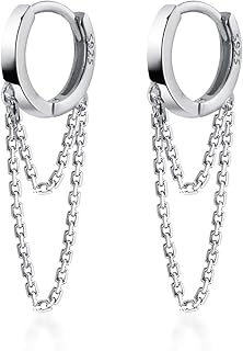 Reffeer Solid 925 Sterling Silver Tassel Chain Drop Dangle Small Hoop Earrings Huggie for Women Teen