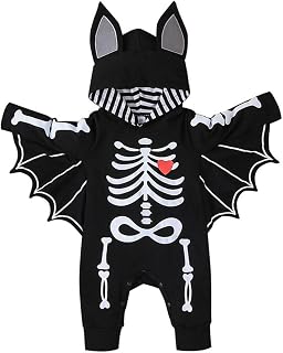imKutie Baby's First Halloween Outfits Cute Heart Skeleton Bat Romper | Newborn Infant Boys Girls Halloween Bat Long Sleeve Cotton Jumpsuit Clothes with Hat for 0-24 Months