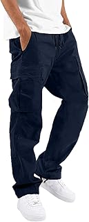 HUNGSON Mens Cargo Pants Drawstring Casual Hiking Pants Joggers Athletic Trousers Cotton Loose Straight Sweatpants for Men Navy Blue