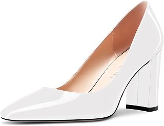 NobleOnly Women's High Chunky Wide Heel Square Closed Toe Slip-on Pumps Classic Cute Dress Shoes